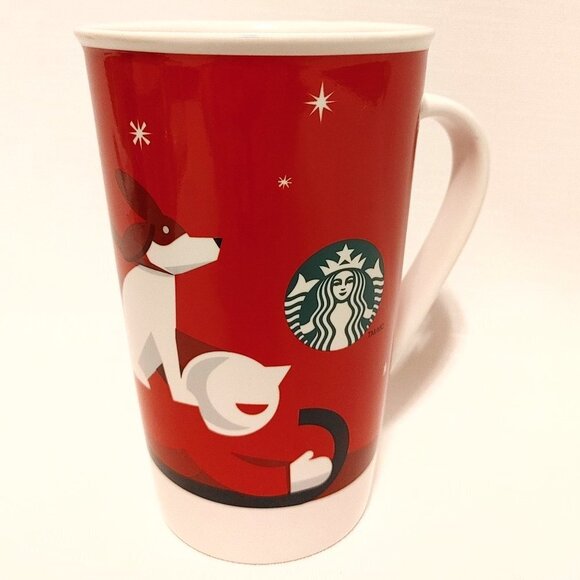 RARE 2011 STARBUCKS Christmas Mug Red Holiday DOG BOY Sled 16oz 473ml - Picture 1 of 8